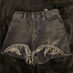 Good American Black Denim Shorts with Rhinestone Fringe Detail